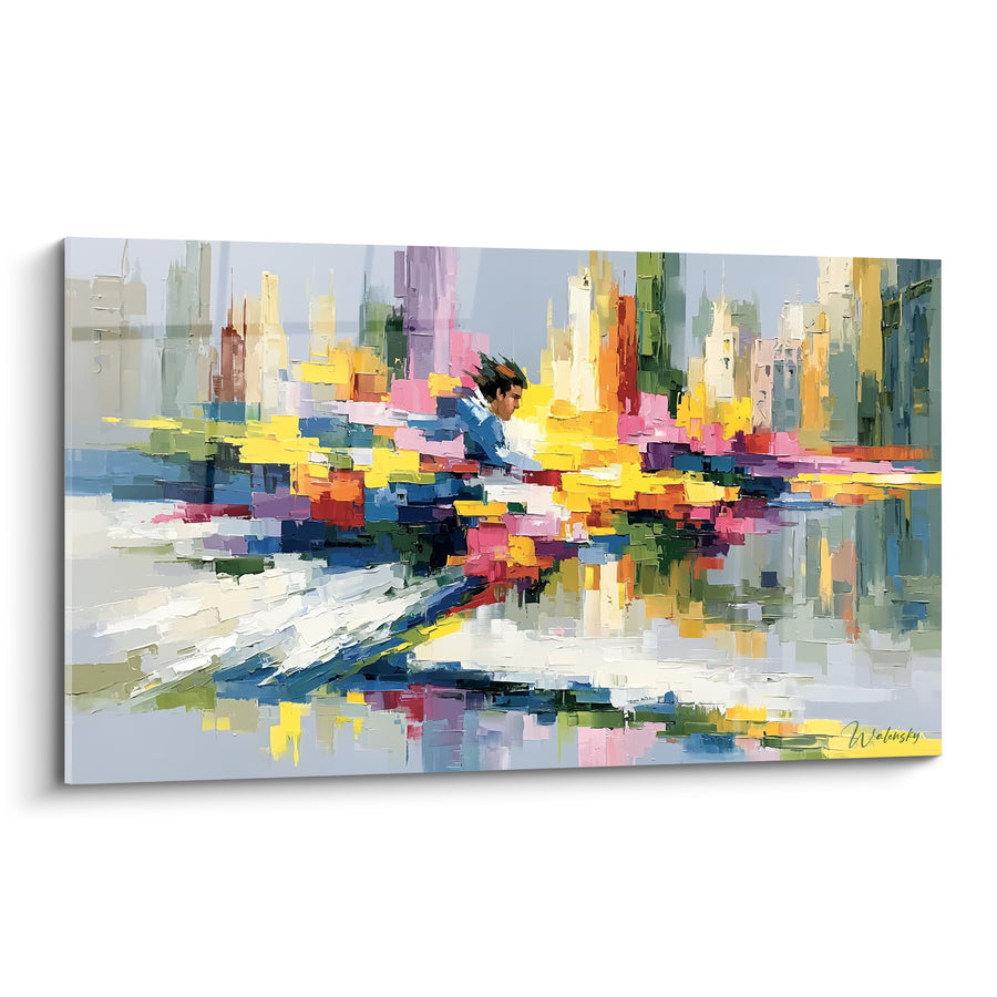 Tableau Silhouette masculine jaune et rose au bord de l'eau - Reflet urbain sur canal - Edition style Peinture abstrait