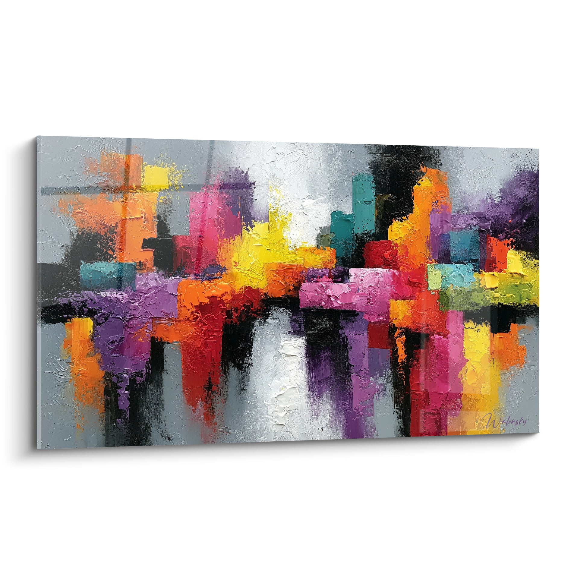 Skyline abstraite rose fuchsia et jaune doré aux empâtements texturés sur fond gris anthracite