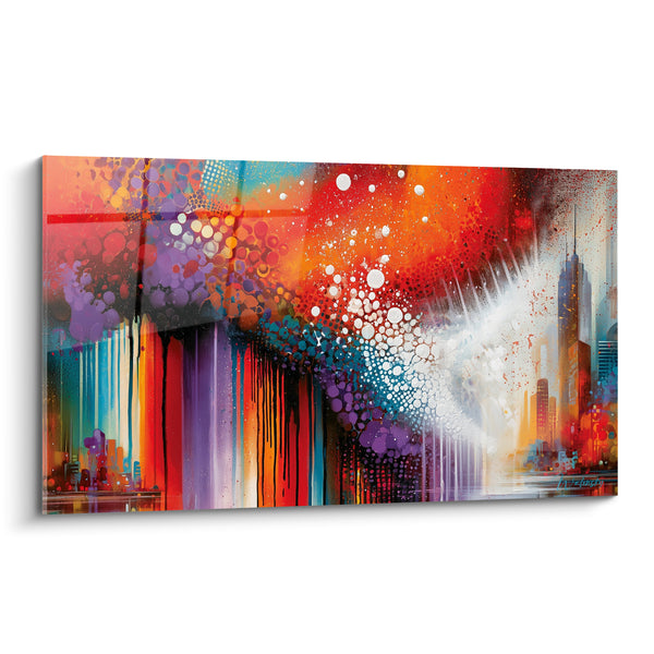 Tableau Gratte-ciel violet et rouge sous coulées ruisselantes - Reflets sur l'eau - Edition style Peinture abstrait