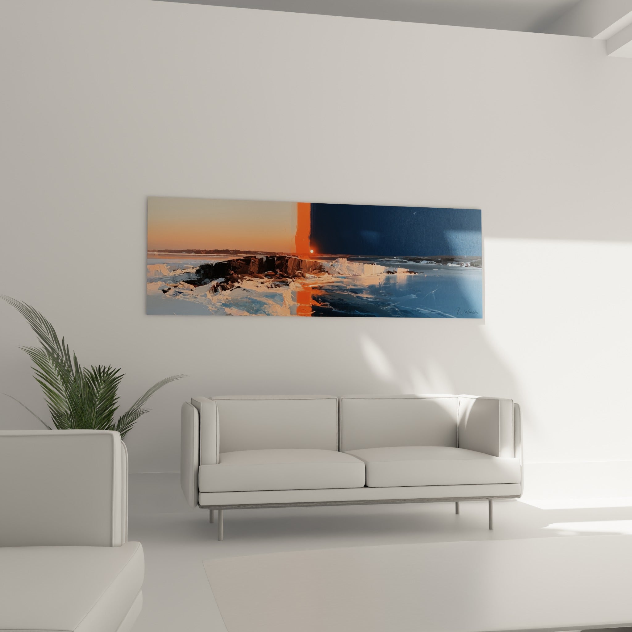 Crépuscule arctique orange et bleu nuit du style Peinture abstrait, au-dessus d'un canapé dans un salon lumineux