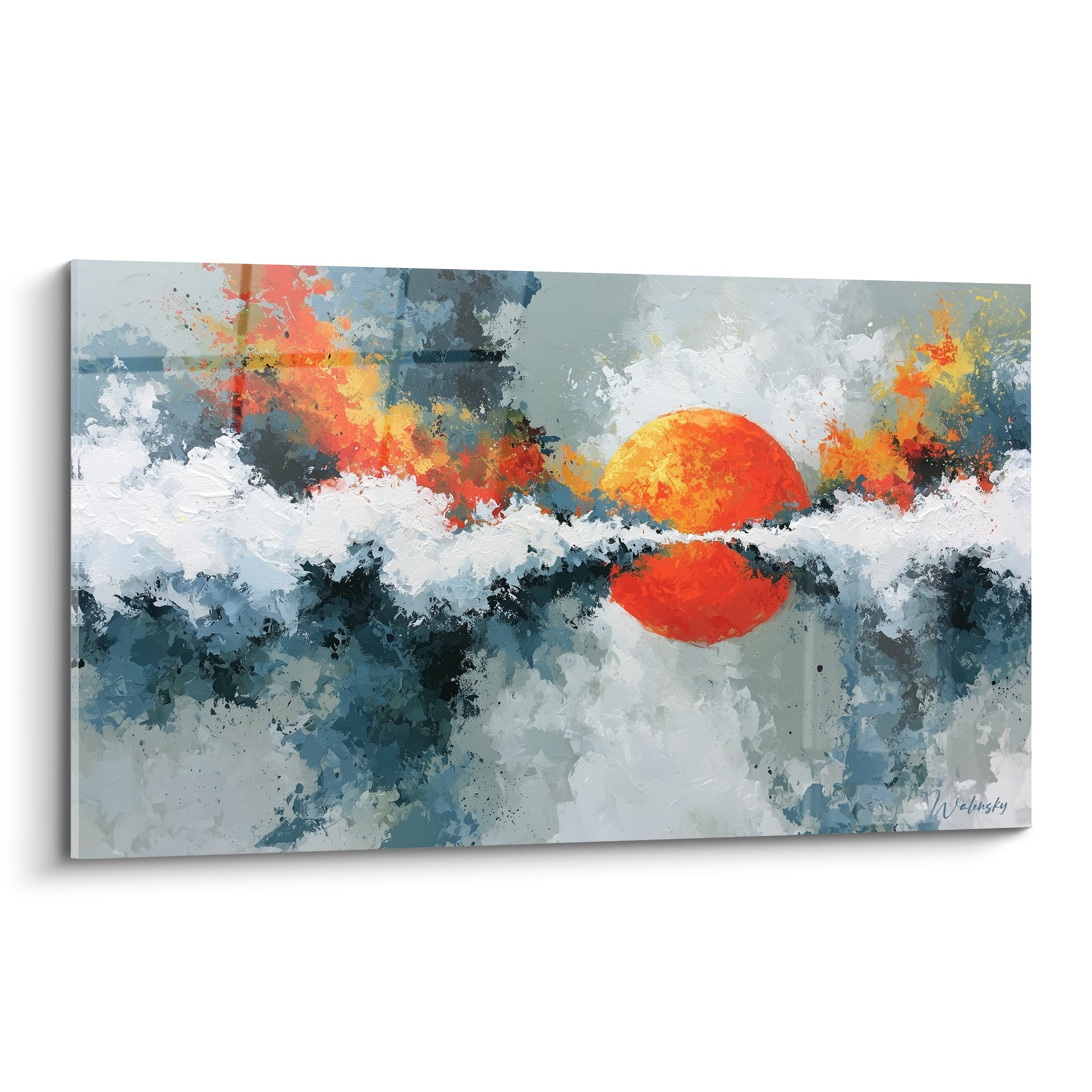 Soleil orange incandescent reflété sur vagues bleu anthracite et blanc écumeux, style Peinture abstrait