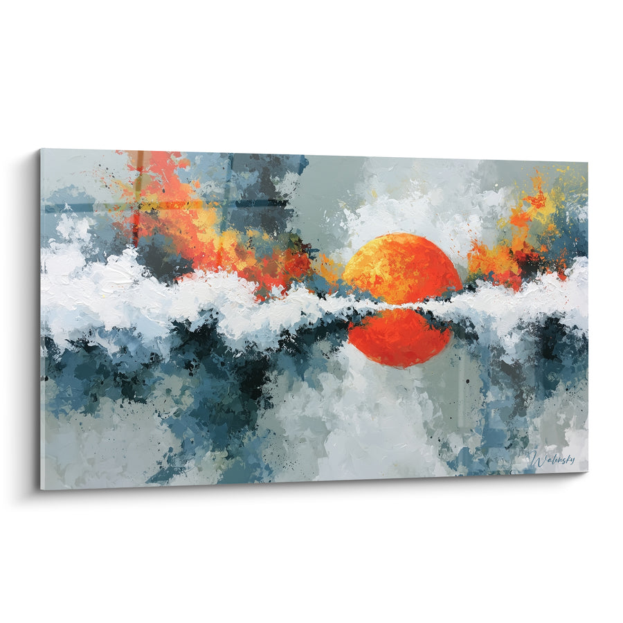 Tableau Soleil orange sur vagues bleu anthracite - Horizon en fusion - Edition style Peinture abstrait
