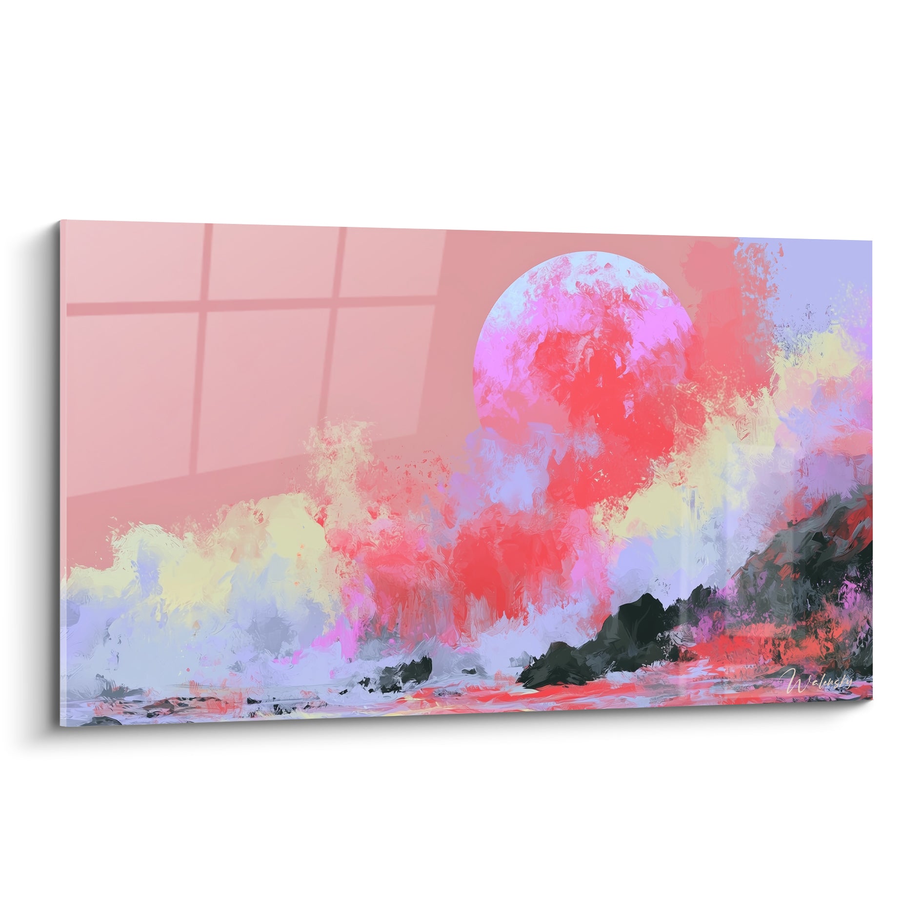 Astre rouge et rose émergeant d'une vague d'écume jaune et bleu pastel sur rochers anthracite