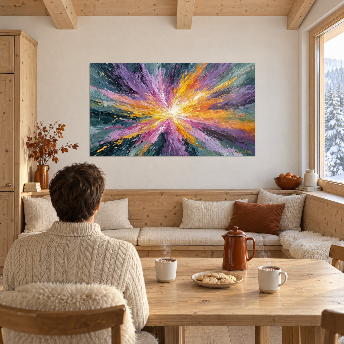Tableau gerbe de lumière aux coups de spatule jaune, rose et violet, salon d'un chalet, table en bois, théière rousse, tasses fumantes