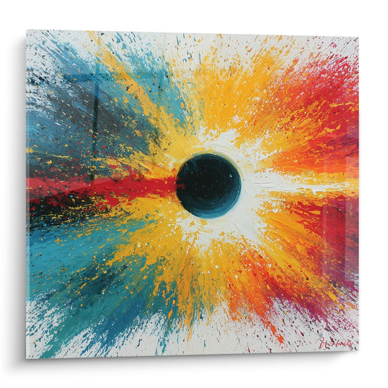 Sphère noire entourée d'éclats bleu turquoise et jaune doré en style Peinture abstrait
