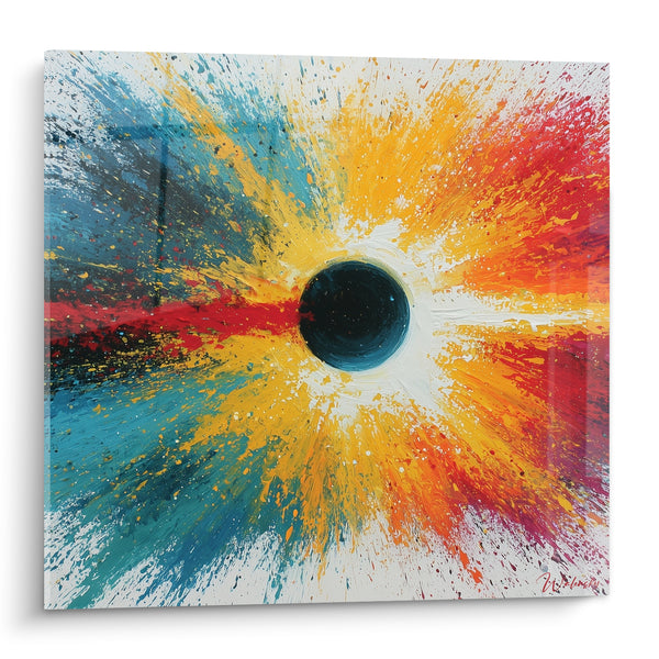 Tableau Sphère noire aux éclats bleu turquoise et jaune - Big bang chromatique - Edition style Peinture abstrait