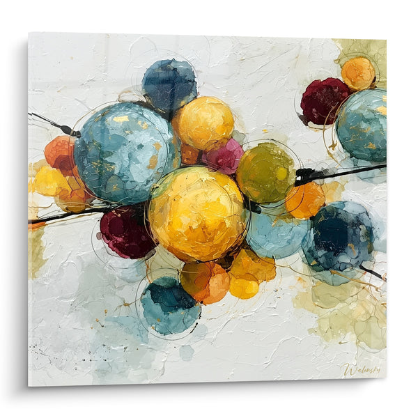 Tableau Sphères bleu pétrole et jaune moutarde - Envol suspendu - Edition style Peinture abstrait