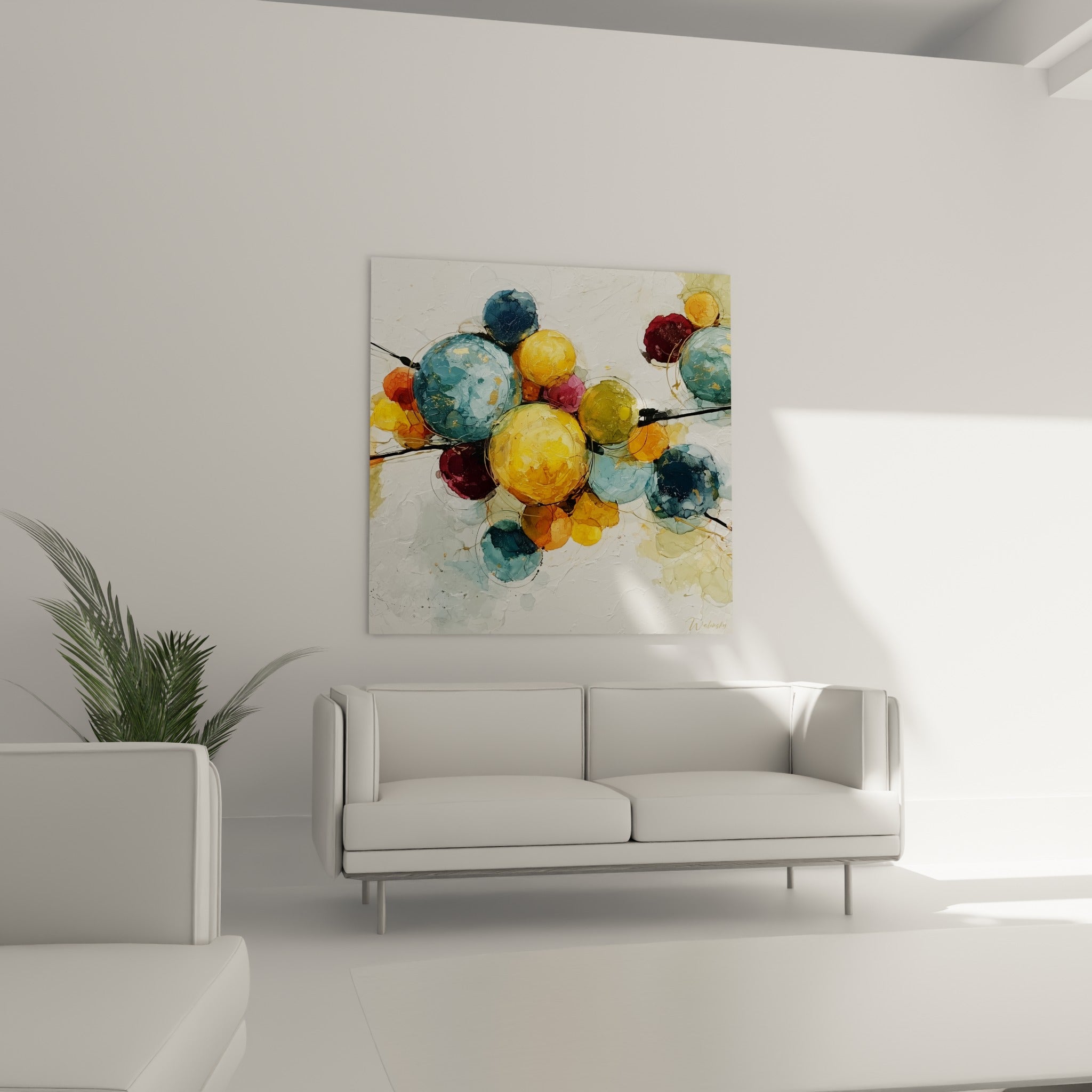 Grappe de sphères vert olive et bordeaux d'un tableau abstrait, au-dessus d'un canapé dans un salon lumineux