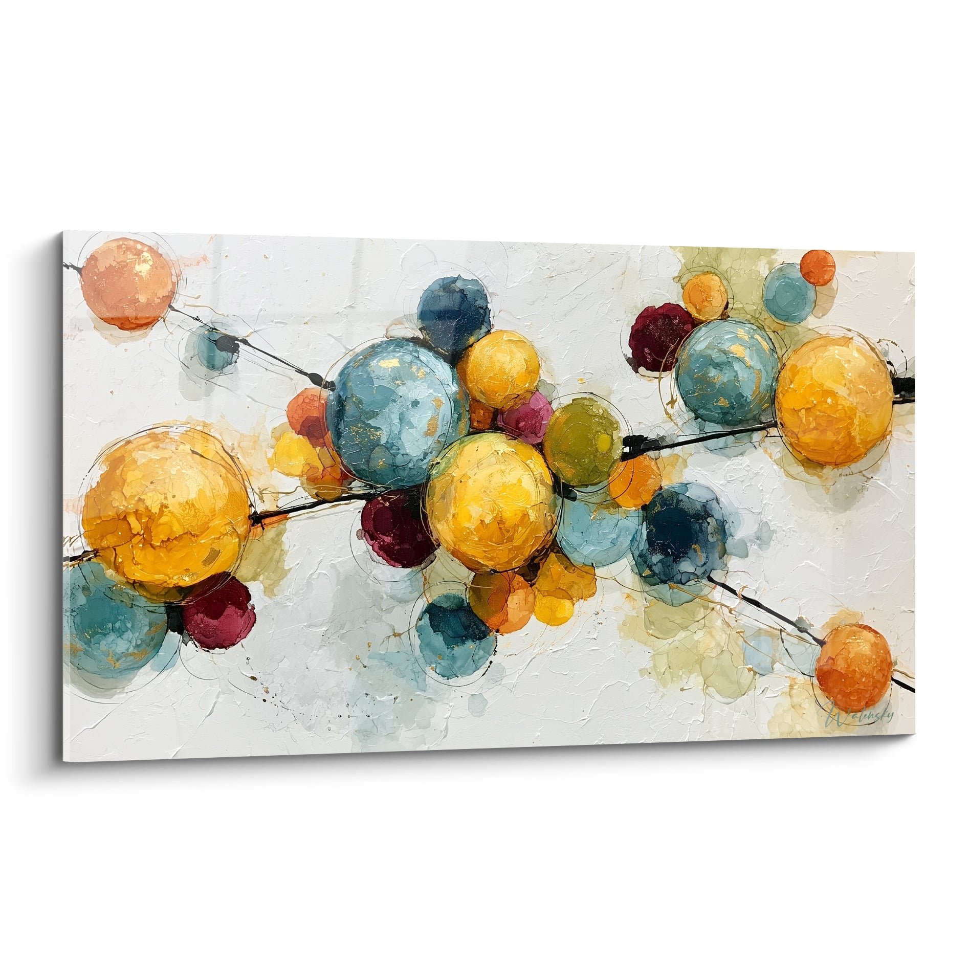 Sphères dorées et bleu pétrole reliées par des traits noirs, style Peinture abstrait sur fond clair texturé