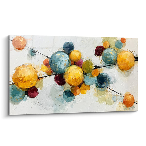 Tableau Molécules dorées et bleues sur fond clair - Ballet moléculaire - Edition style Peinture abstrait