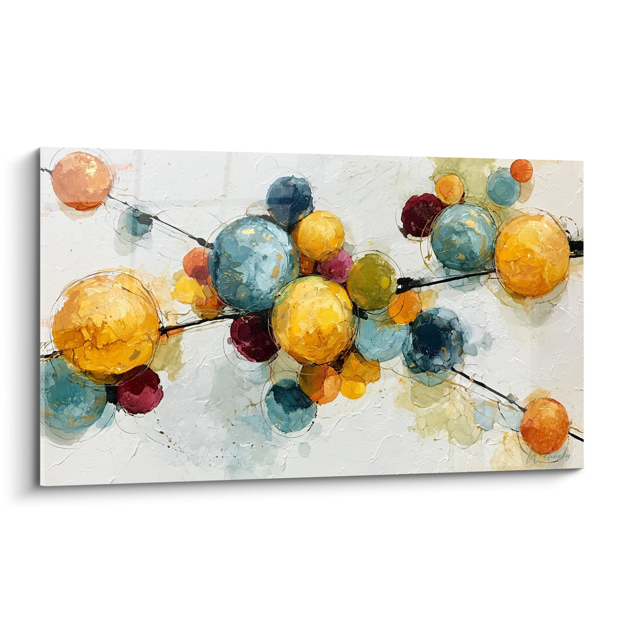 Tableau Molécules dorées et bleues sur fond clair - Ballet moléculaire - Edition style Peinture abstrait