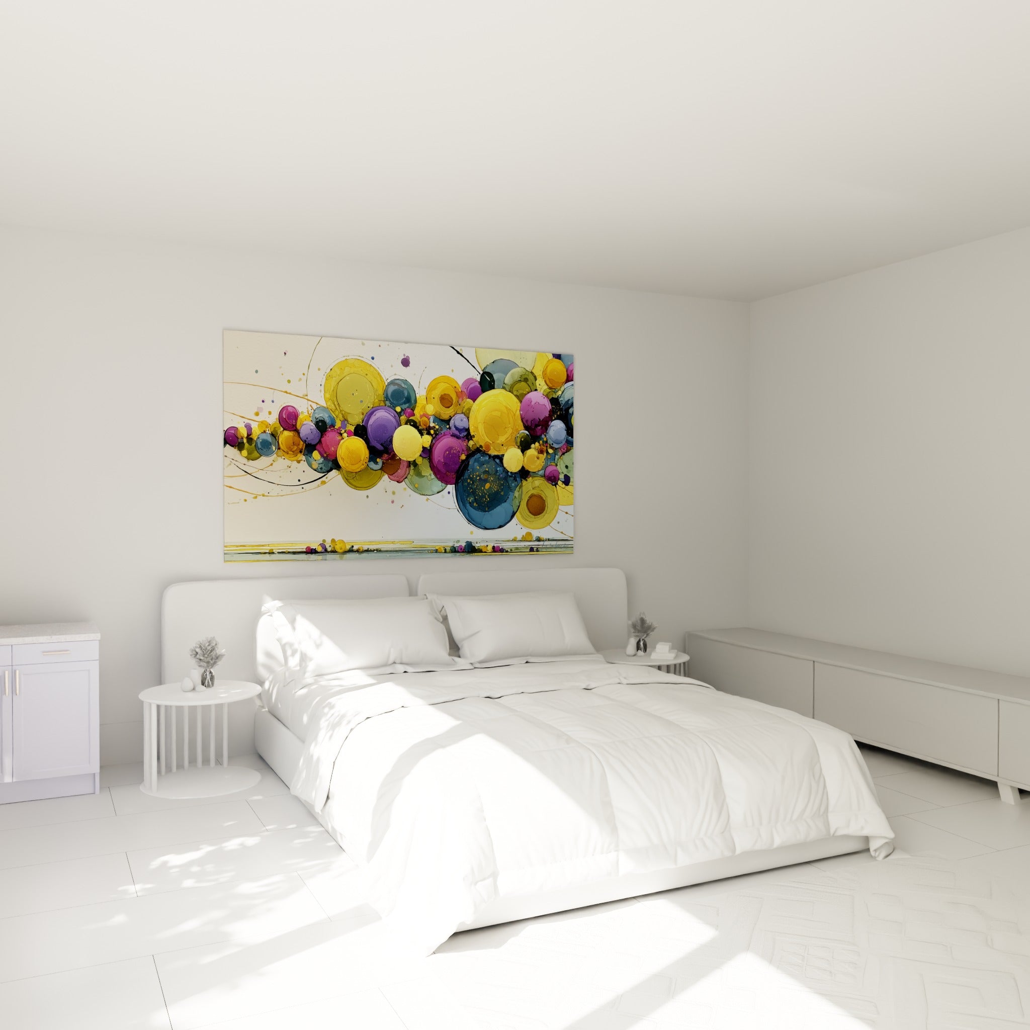 Bulles ocre et violettes disposées en ligne fluide, tableau style peinture abstrait au-dessus d'un lit dans une chambre claire