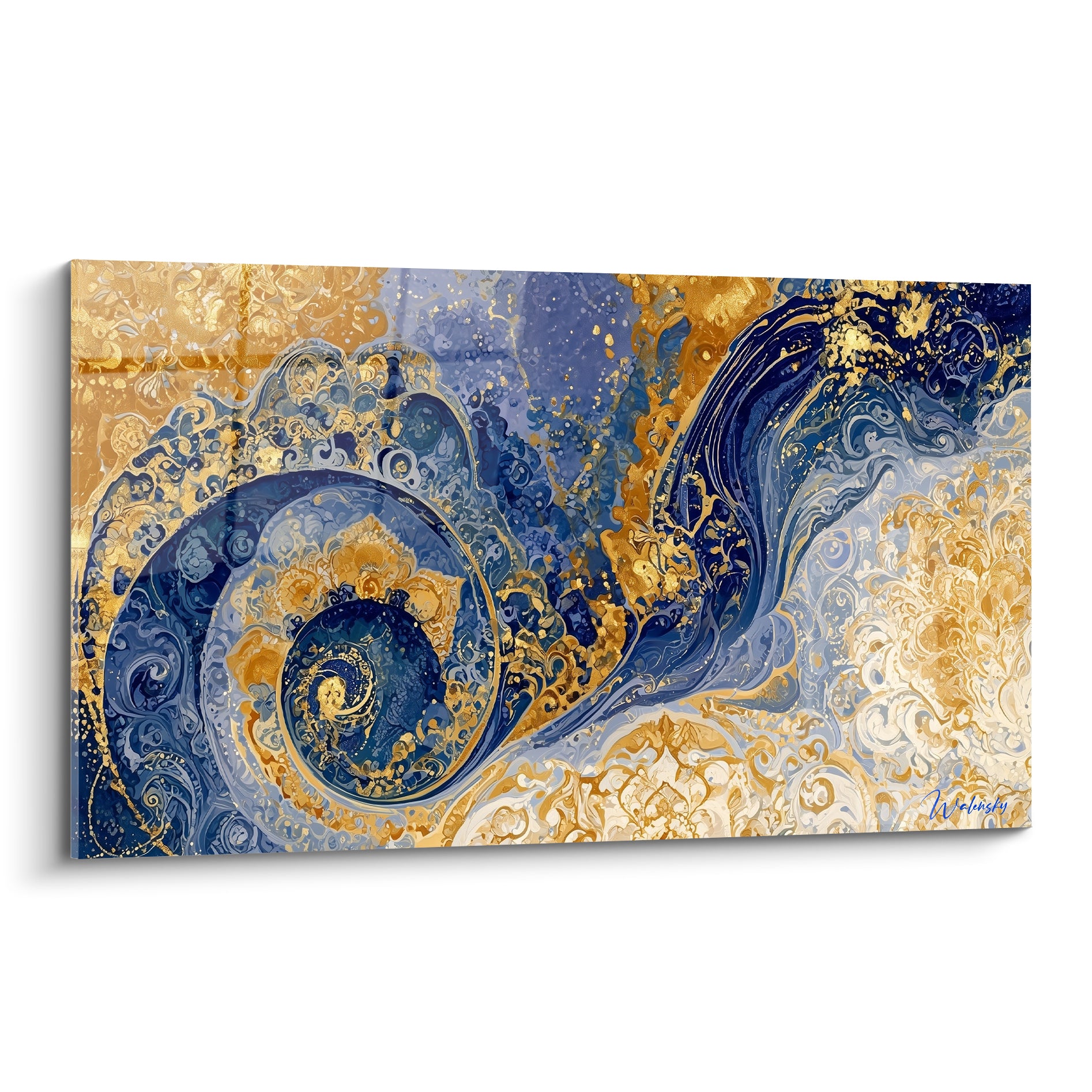 Spirale bleu marine et dorée en marbrure fluide, tableau abstrait aux volutes dorées lumineuses