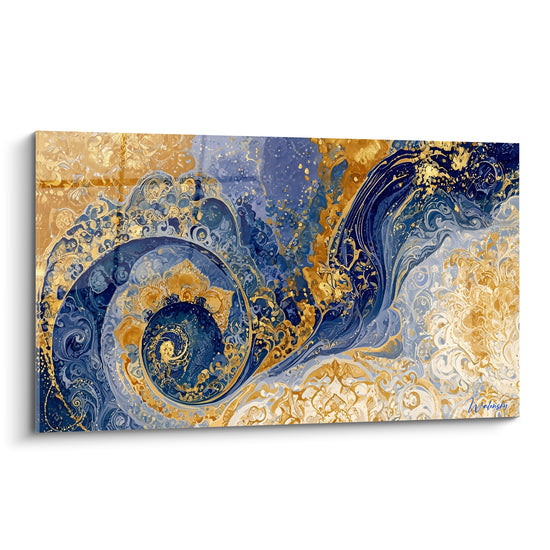 Spirale bleu marine et dorée en marbrure fluide, tableau abstrait aux volutes dorées lumineuses
