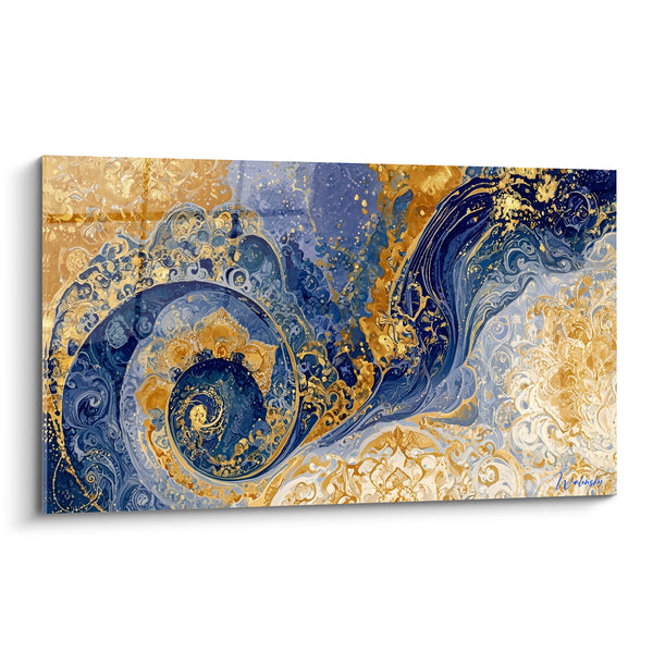 Tableau Coquille bleu marine et dorée en spirale - Motifs ornementaux ciselés - Edition style Peinture abstrait