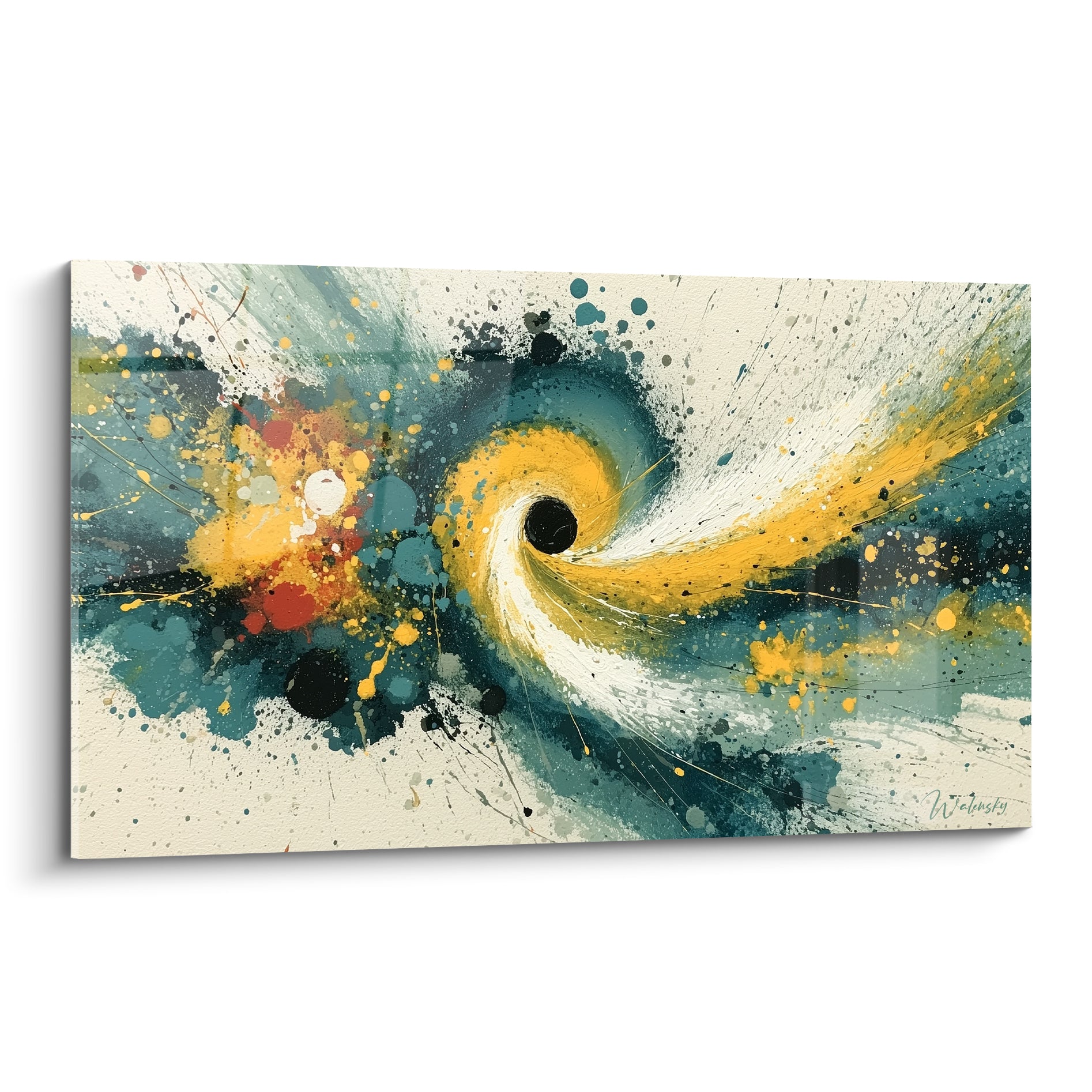 Spirale style Peinture abstrait jaune doré et bleu canard s'enroulant autour d'un point noir sur fond crème