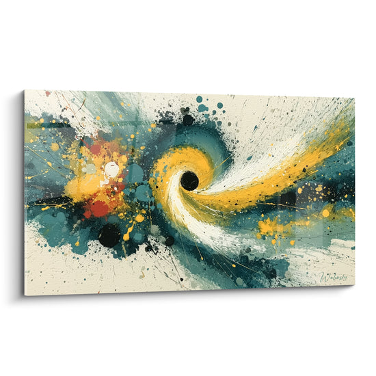 Spirale style Peinture abstrait jaune doré et bleu canard s'enroulant autour d'un point noir sur fond crème