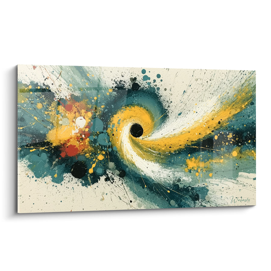 Tableau Spirale dorée aux éclaboussures bleu canard - Vortex céleste - Edition style Peinture abstrait
