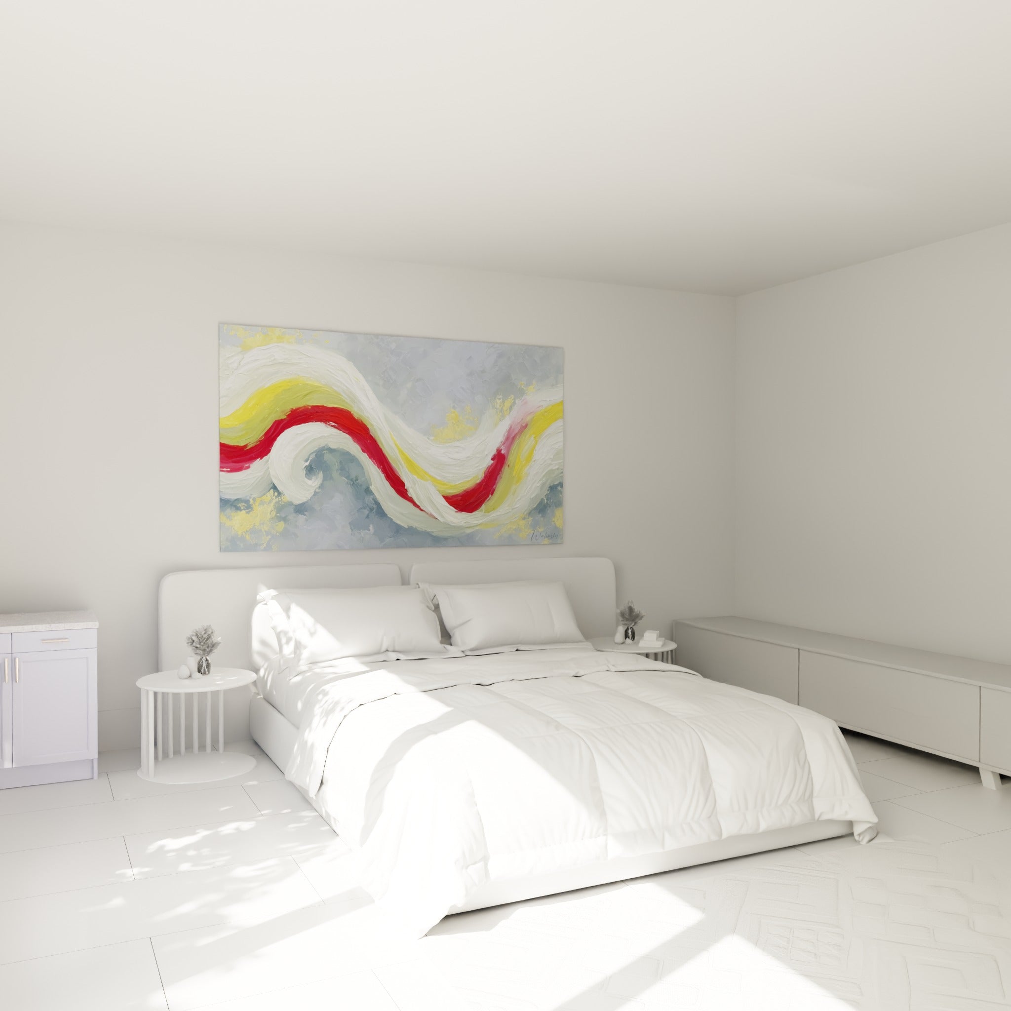 Spirale blanche et jaune doré traversée de rouge carmin, au-dessus d'un lit dans une chambre claire