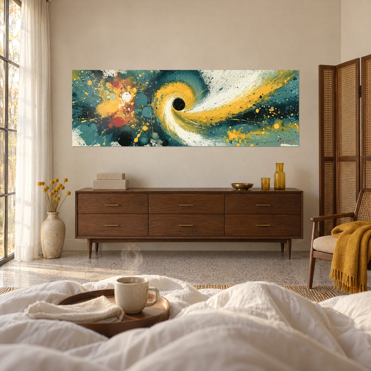 Tableau galaxie peinte en volutes ocre et blanches, taches rouge brique, bleu canard, au-dessus d'un lit dans une chambre claire