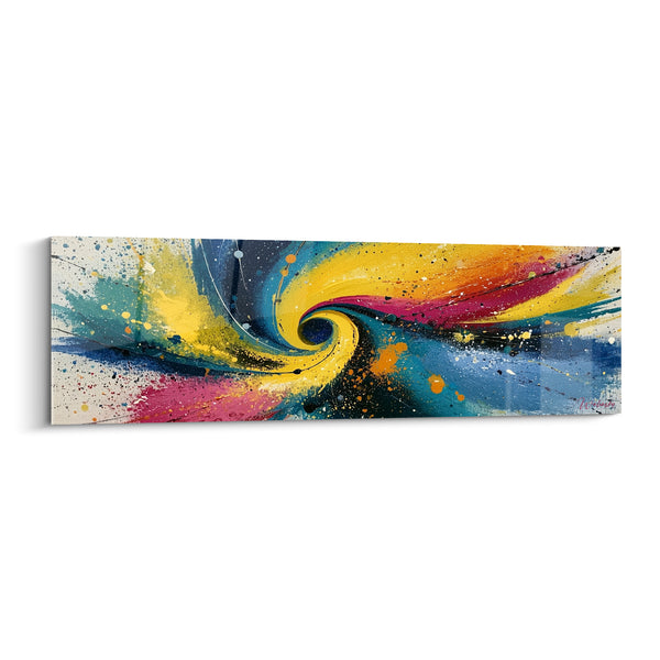 Tableau Spirale jaune et bleu aux éclaboussures multicolores - Tourbillon chromatique central - Edition style Peinture abstrait