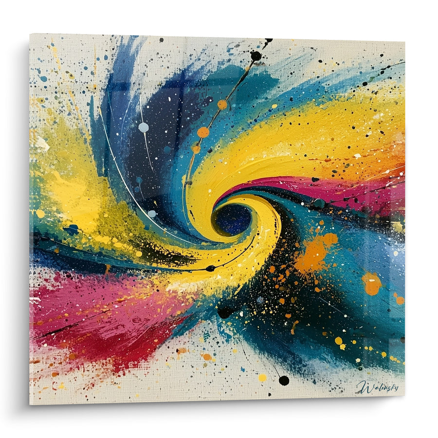 Tableau Spirale jaune et bleu marine éclatante - Naissance cosmique - Edition style Peinture abstrait