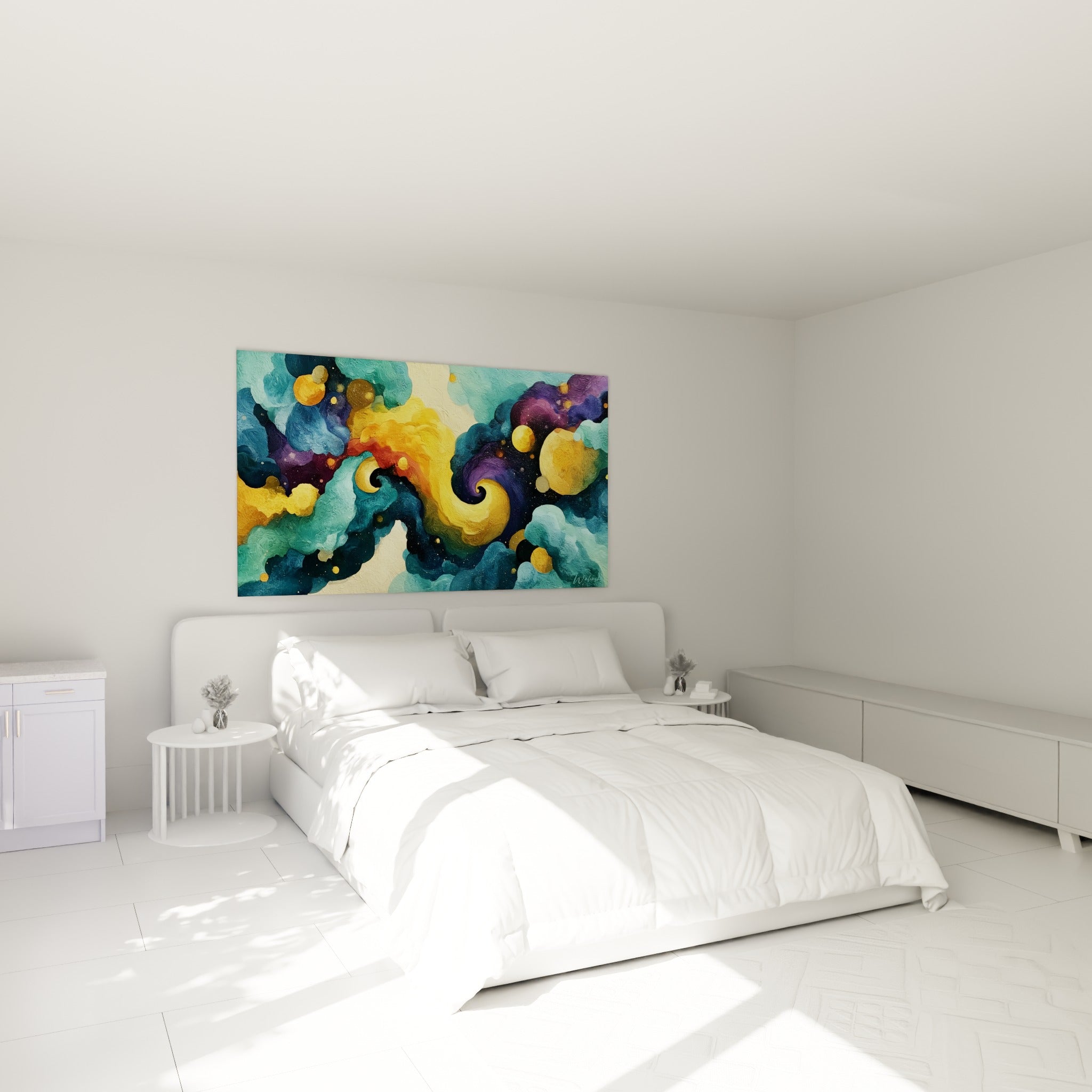 Spirale ocre et bleu marine du style Peinture abstrait, au-dessus d'un lit dans une chambre claire