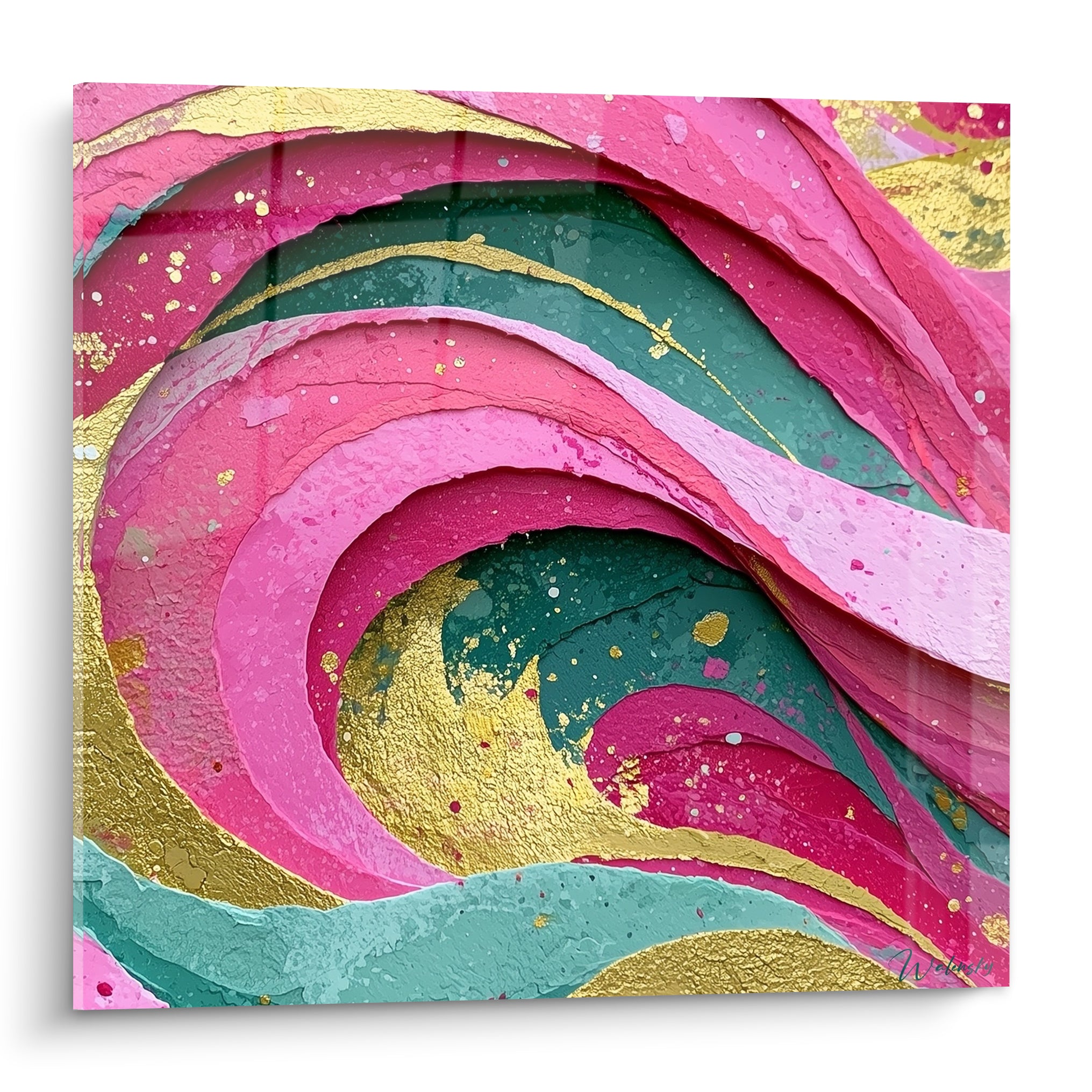 Spirale style Peinture abstrait en rose fuchsia, doré et vert émeraude, texture sculptée en relief