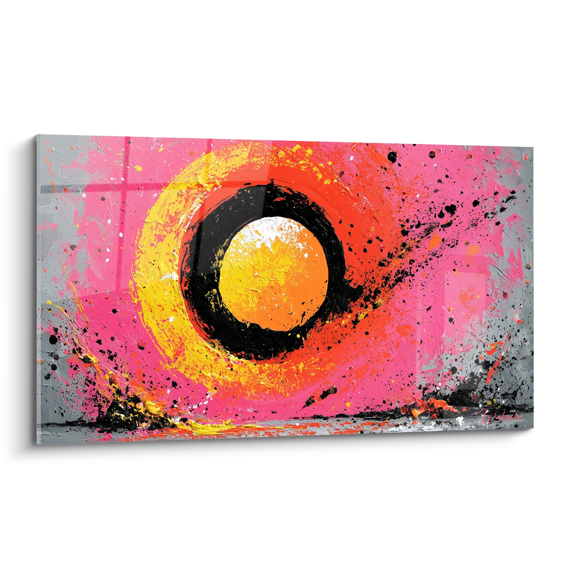 Spirale style Peinture abstrait en rose fuchsia et jaune doré autour d'un centre noir lumineux