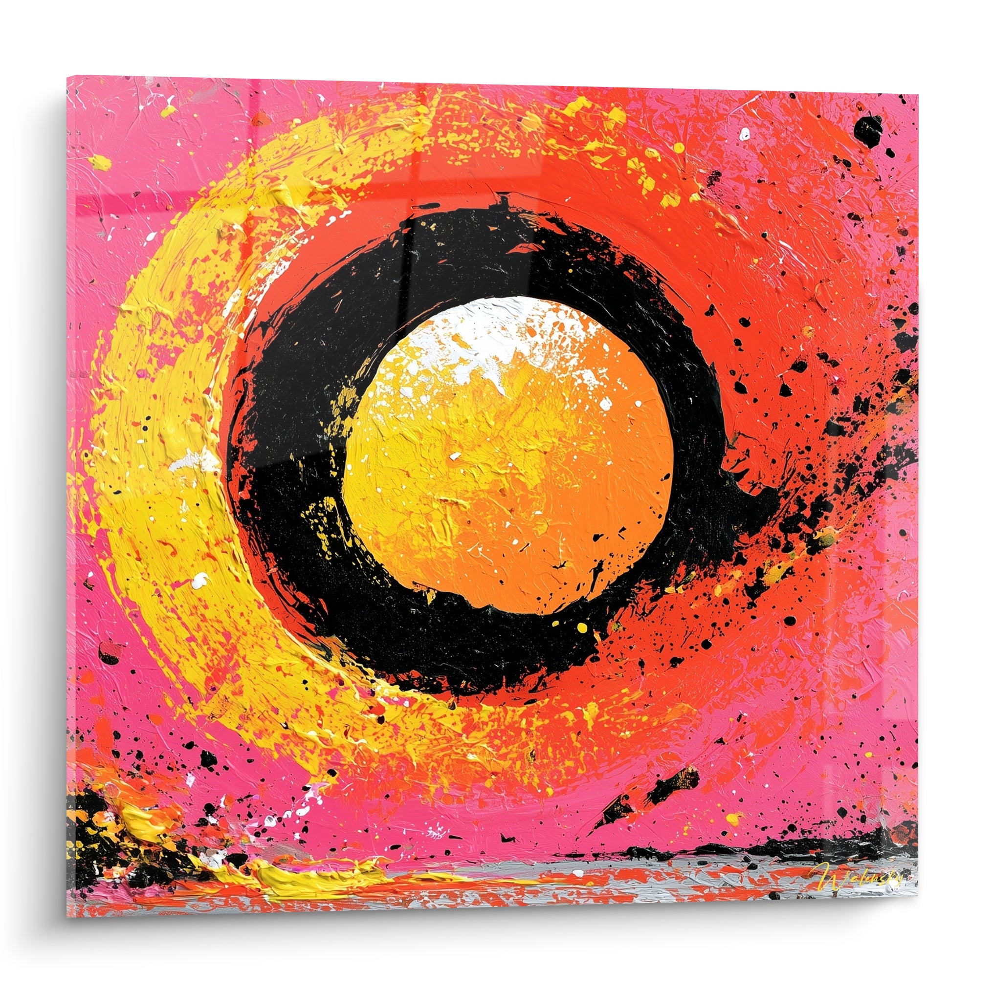 Spirale abstraite rose fuchsia et jaune entourant un cercle noir et orangé texturé