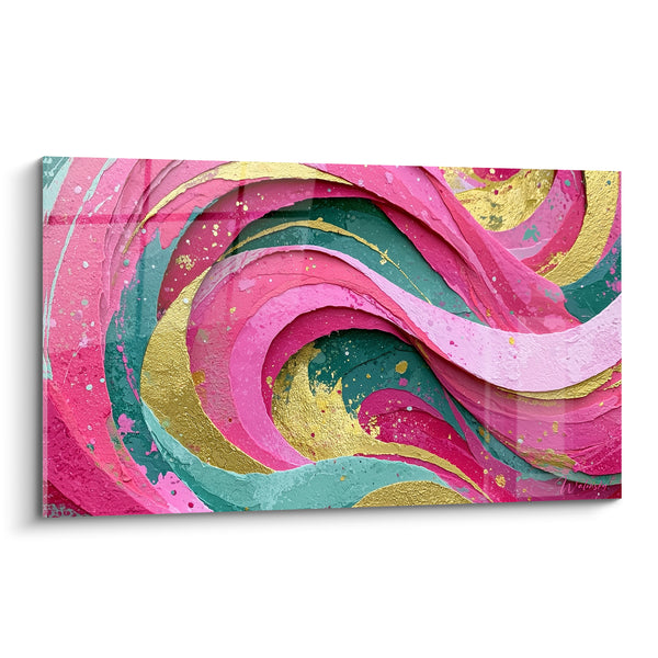 Tableau Spirale rose et sarcelle aux éclaboussures dorées - Coquillage en volutes - Edition style Peinture abstrait