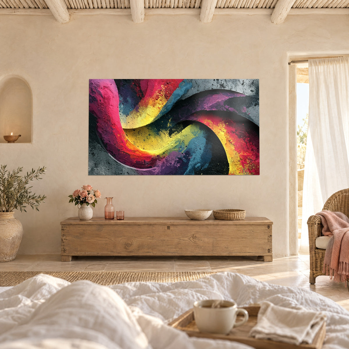 Tableau volute abstraite jaune citron et rose fuchsia sur gris béton, face à un lit, au-dessus d'un lit dans une chambre claire