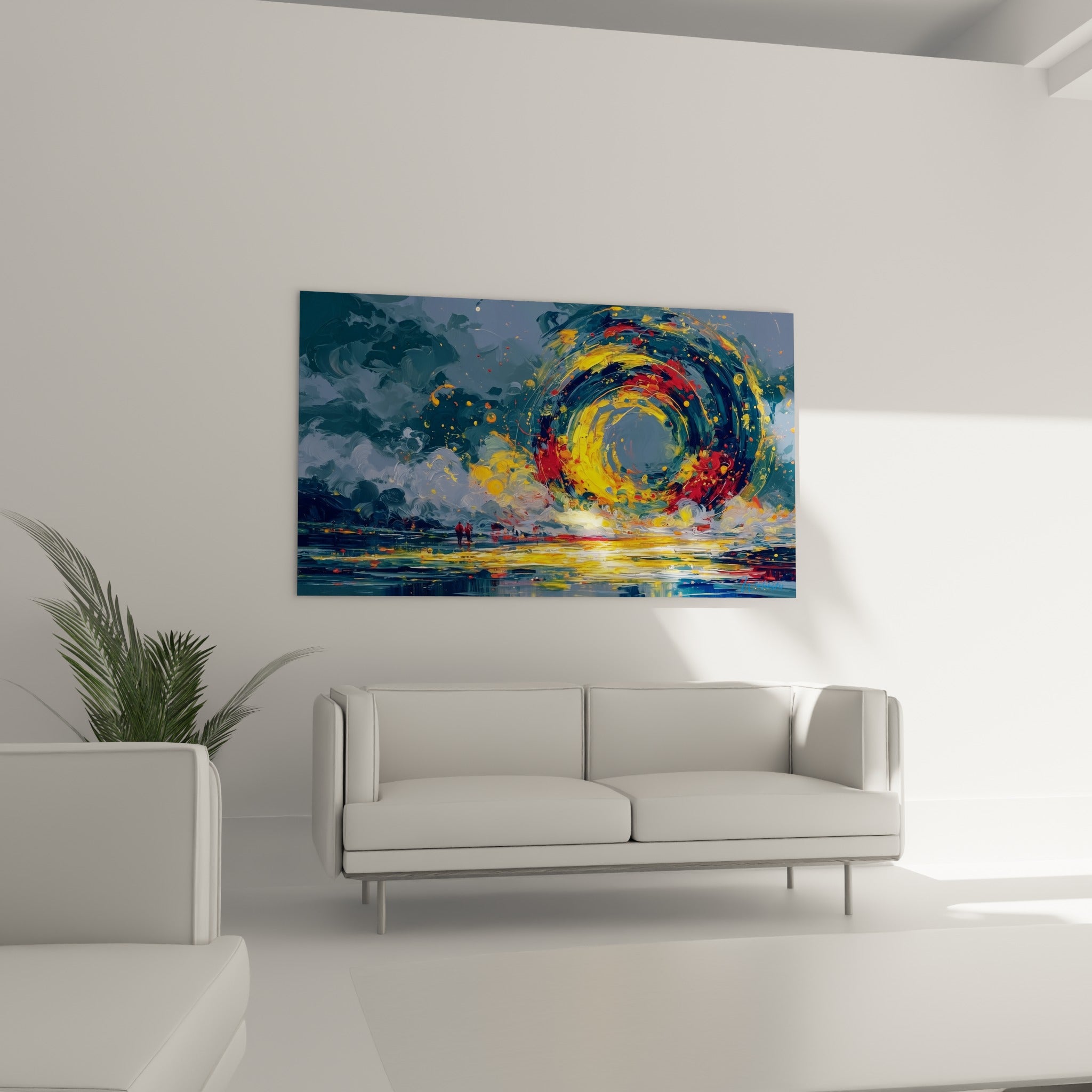 Spirale rouge et jaune du style Peinture abstrait, disposée au-dessus d'un canapé dans un salon lumineux