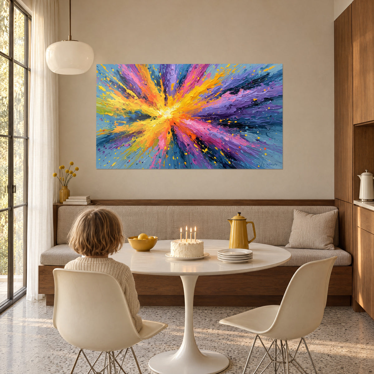 Schilderij vuurwerk in felle oranje en nachtblauw, een kind van achteren aan tafel, taart en kaarsjes, beige bank