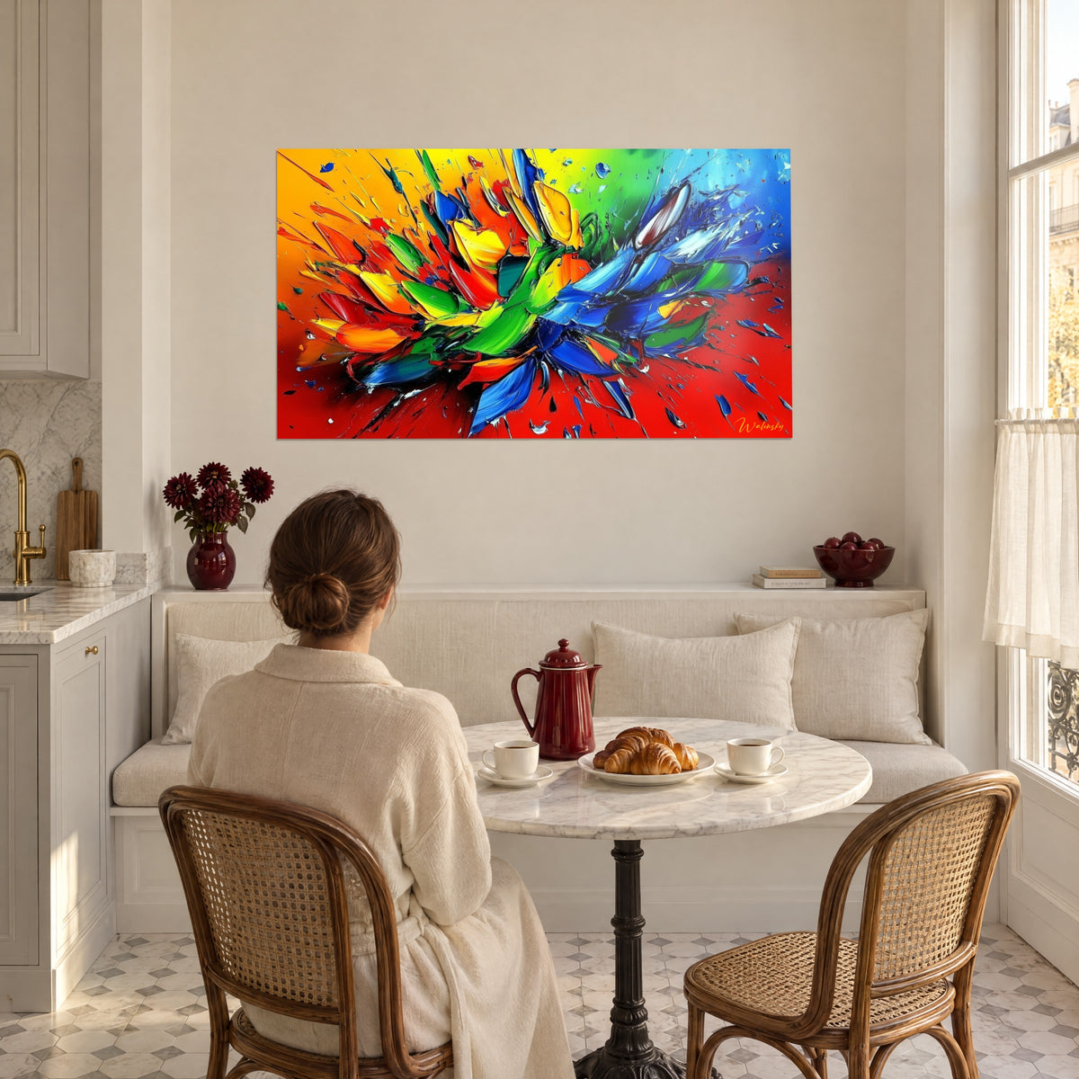 Cuadro ramo abstracto con toques de espátula azules y naranjas sobre fondo rojo, pareja de espaldas junto a una mesa de centro