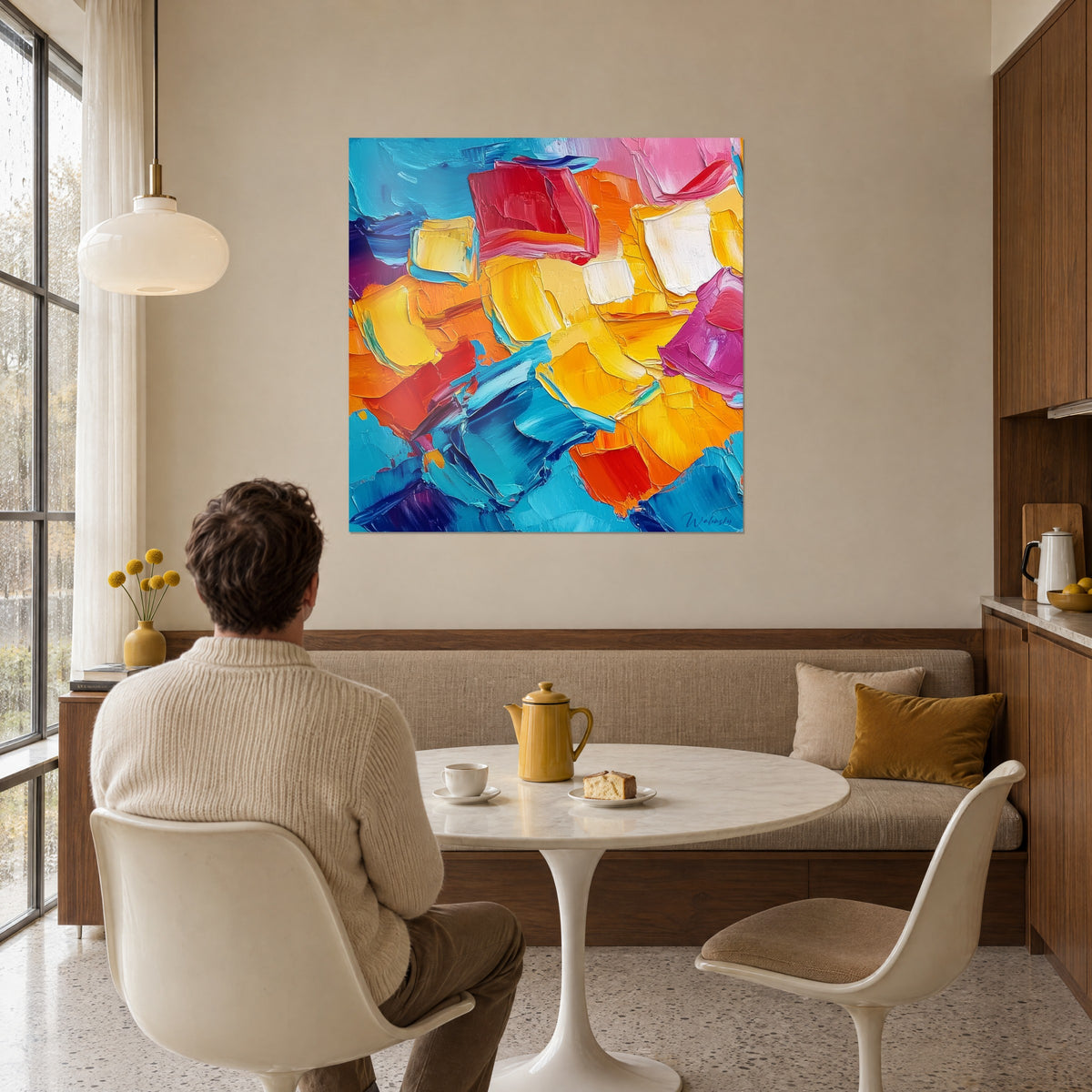 Cuadro pintura abstracta con espátula, bloques amarillos, rojos y turquesa en relieve, frente a una mesa redonda blanca, comedor