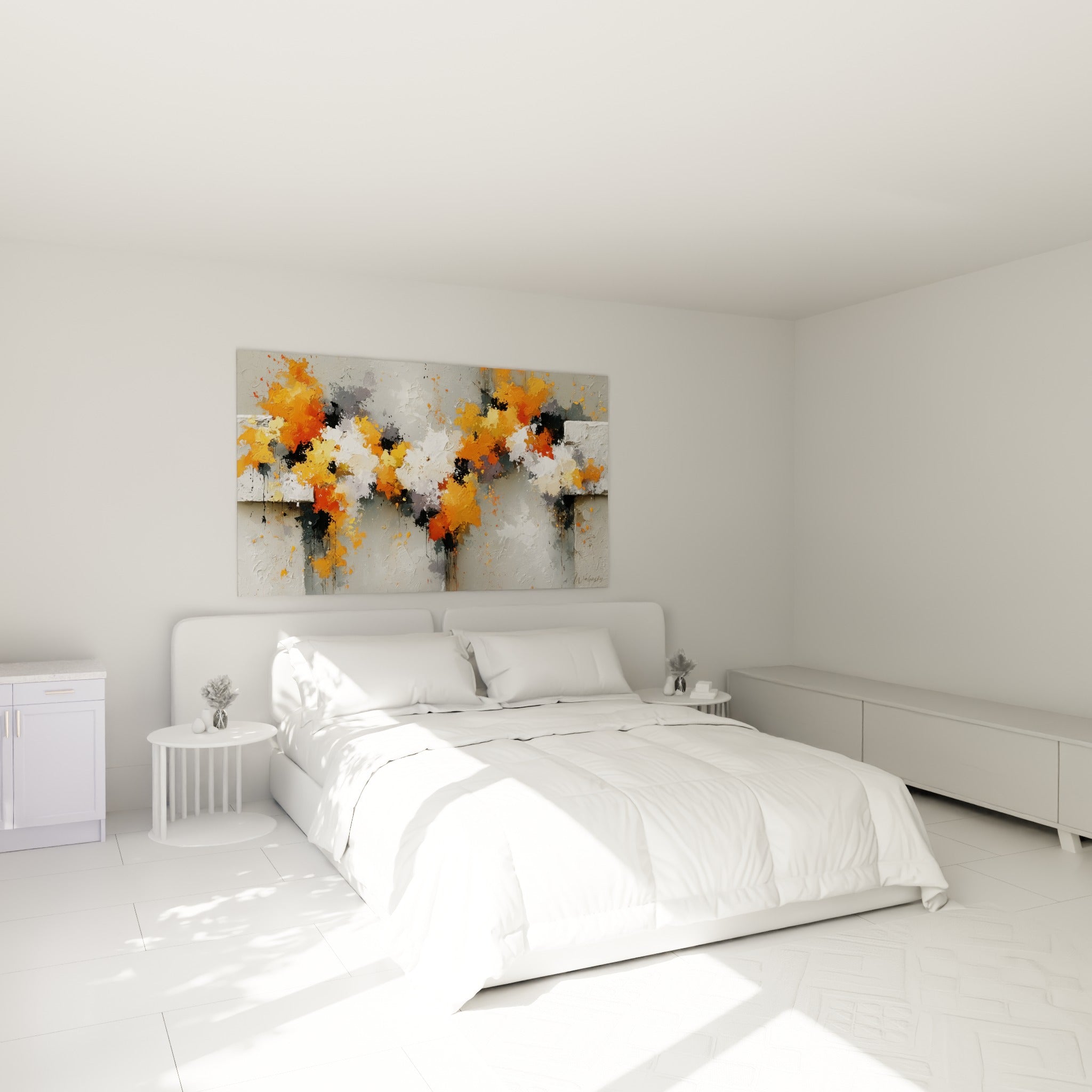 Taches orange vif et grises du style Peinture abstrait au-dessus d'un lit dans une chambre claire