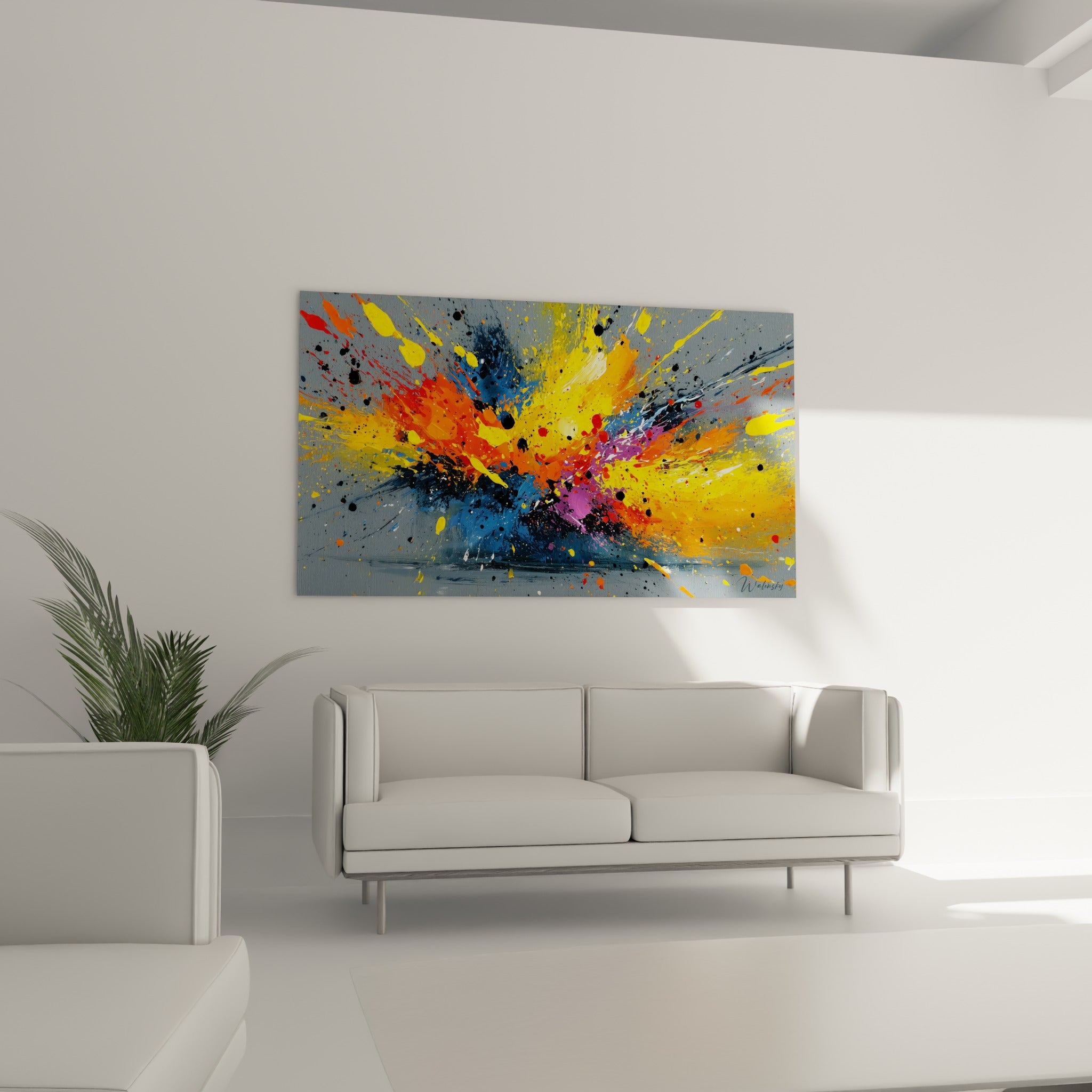 Composition orange et bleu marine en style Peinture abstrait au-dessus d'un canapé dans un salon lumineux