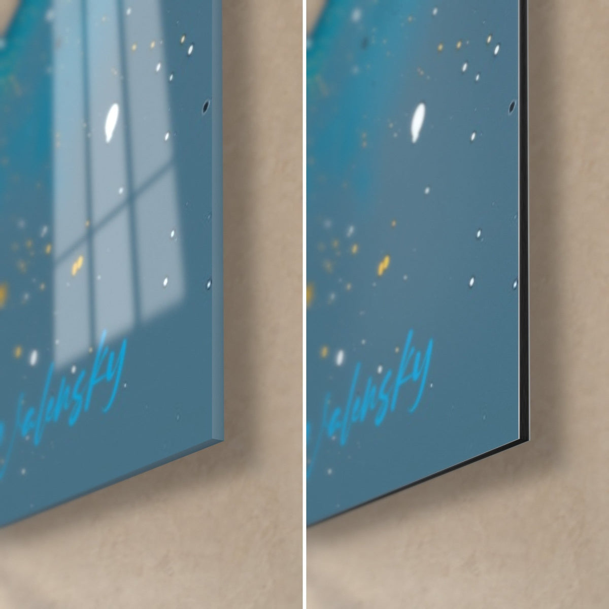 Gemälde Sternenstaub in Türkisblau und Gelb, untere rechte Ecke: glänzendes Glas links, matt Dibond-Aluminium rechts, 3 mm Kante