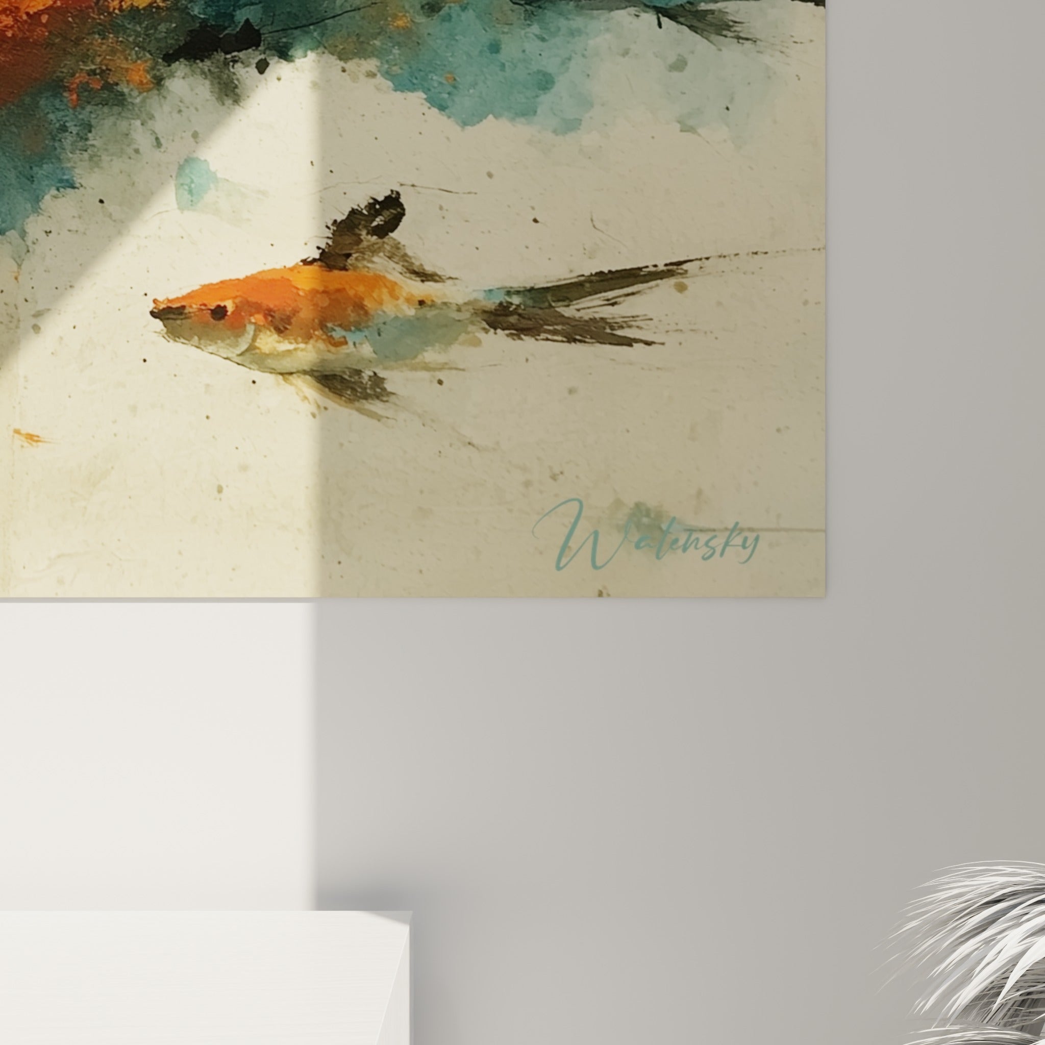 Éclaboussures de bleu pétrole et coulures orange se mêlant en surface, grain aquarelle visible de près