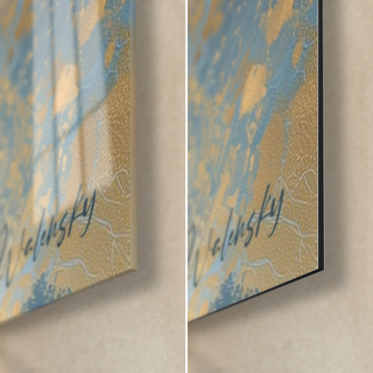 Gemälde goldene Sonne mit hellblauen Wirbeln, Ecke unten rechts: glänzendes Acrylglas links, mattes Dibond rechts