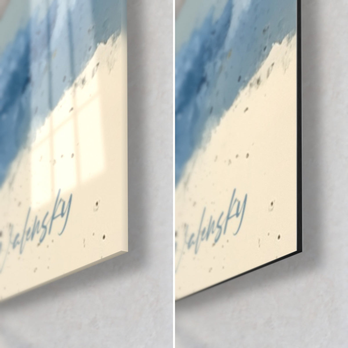 Cuadro destello dorado sobre el agua, esquina inferior derecha en cristal brillante y aluminio Dibond mate, borde negro de 3 mm, firma azul