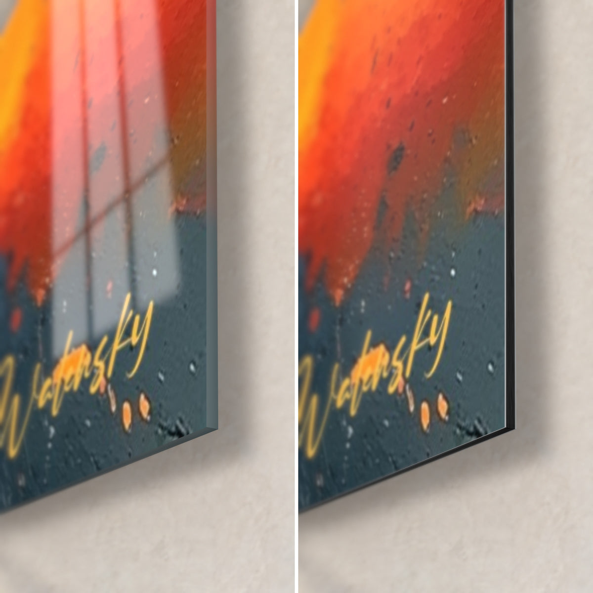Schilderij abstracte zwarte bollen, rechtsonder: glanzend oranje en antraciet acrylglas, mat Dibond, rand van 3 mm