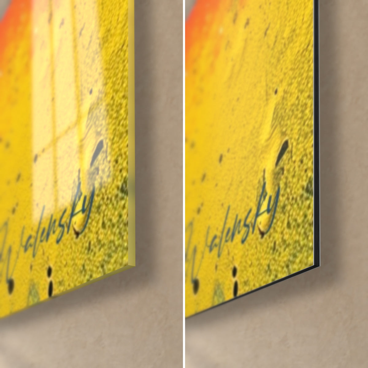 Schilderij abstract schilderwerk in fel geel en zwart, rechtsonder: glanzend acrylglas links, mat Dibond-aluminium rechts