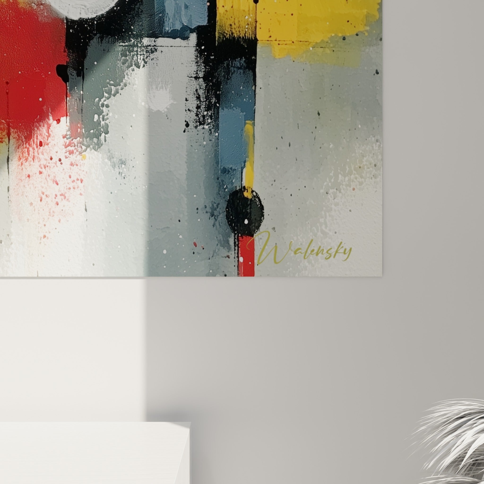 Empâtements et coulures noires visibles sur ce tableau style Peinture abstrait, textures rouge et jaune rapprochées