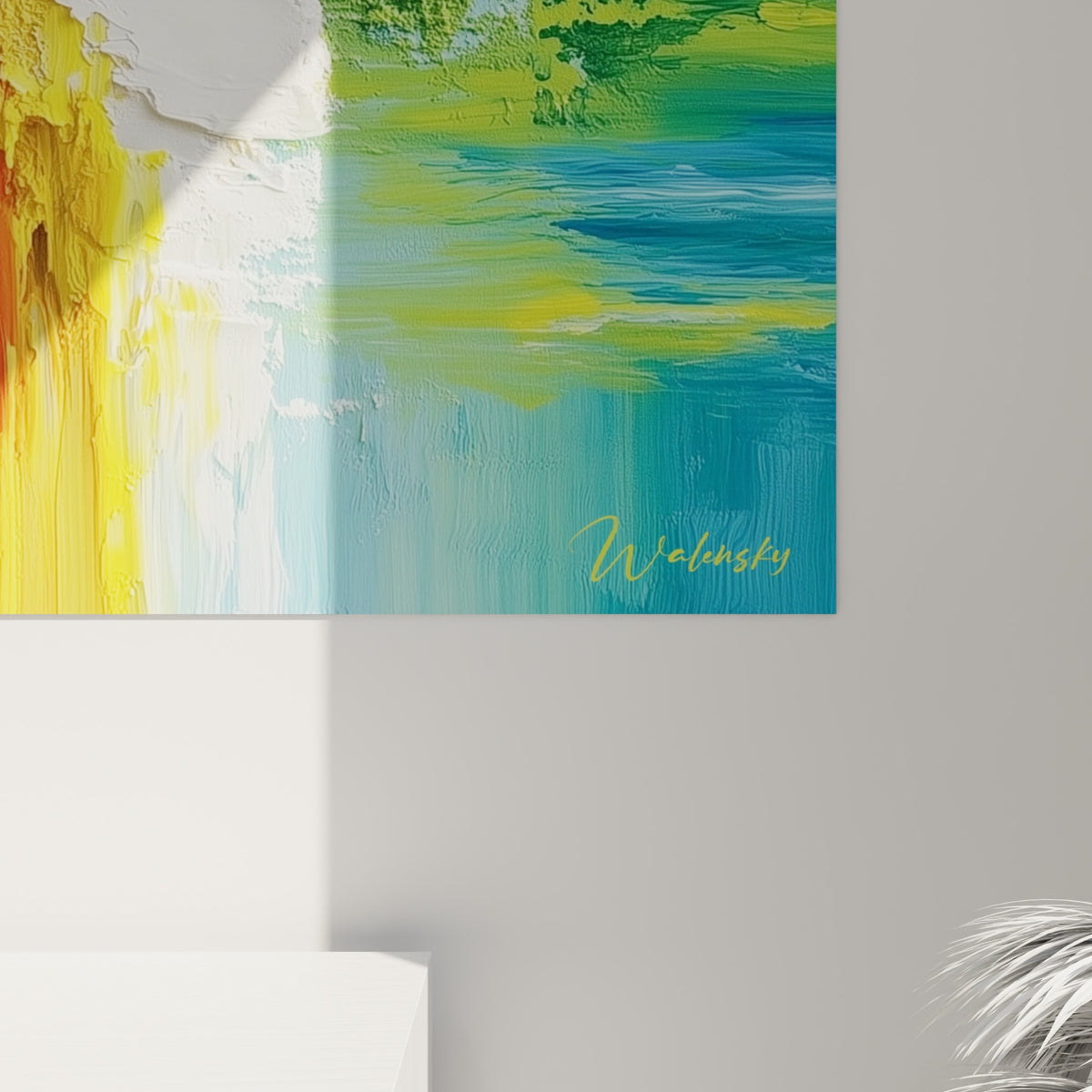Reliefs de peinture jaune et blanche se mêlent aux coulures rouges dans cette texture abstraite épaisse