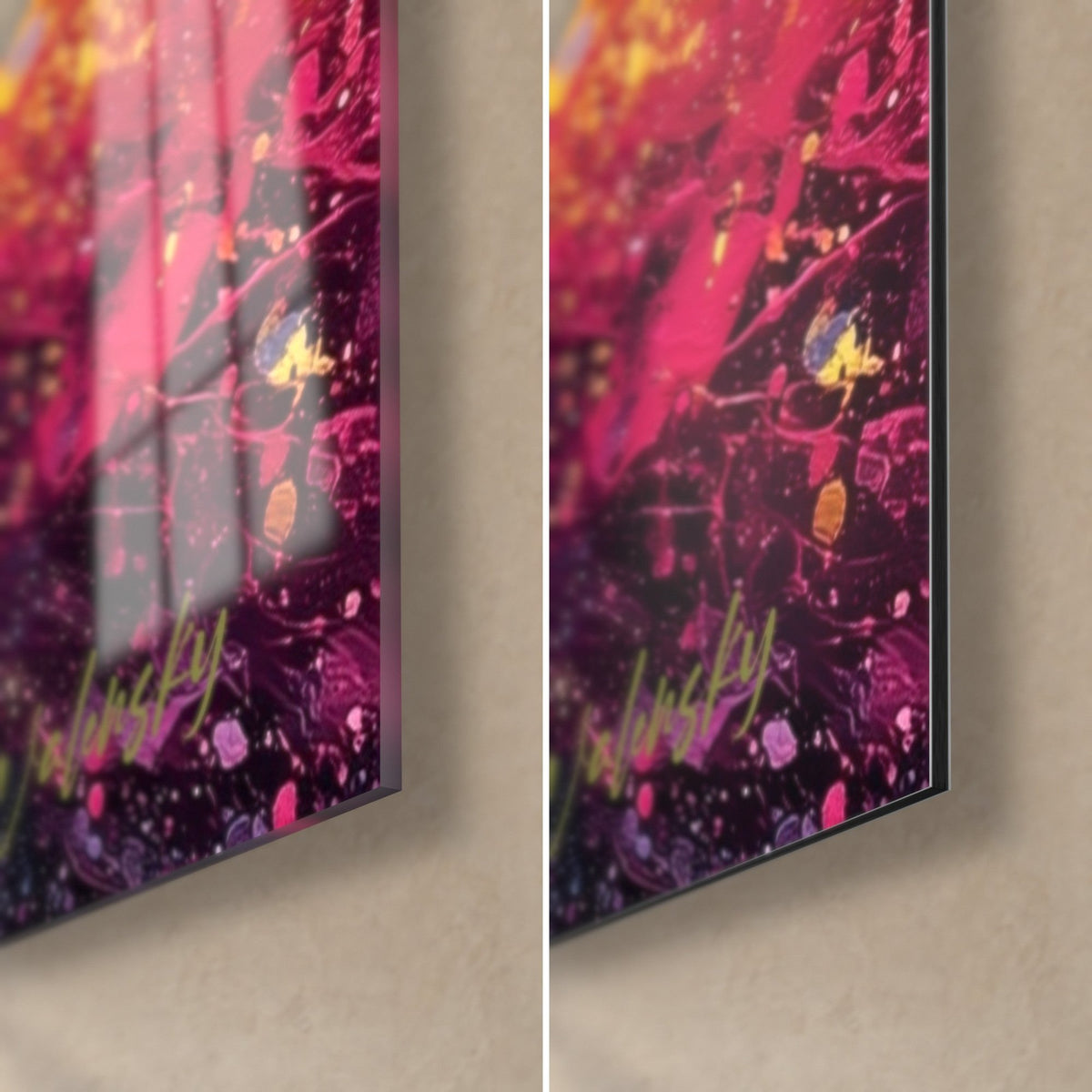 Wall art fragments of fuchsia and violet paint, bottom right corner, glossy acrylic glass on the left, matte Dibond on the right, 3 mm edge