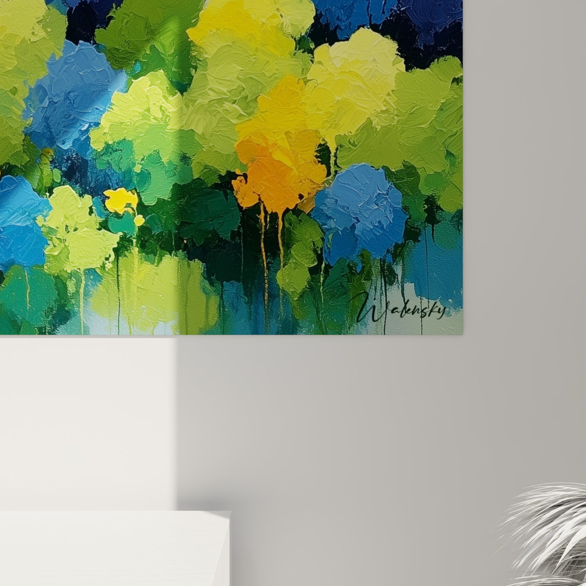 Empâtements bleu marine et jaune vif se mêlant, coulures visibles dans cette toile style Peinture abstrait