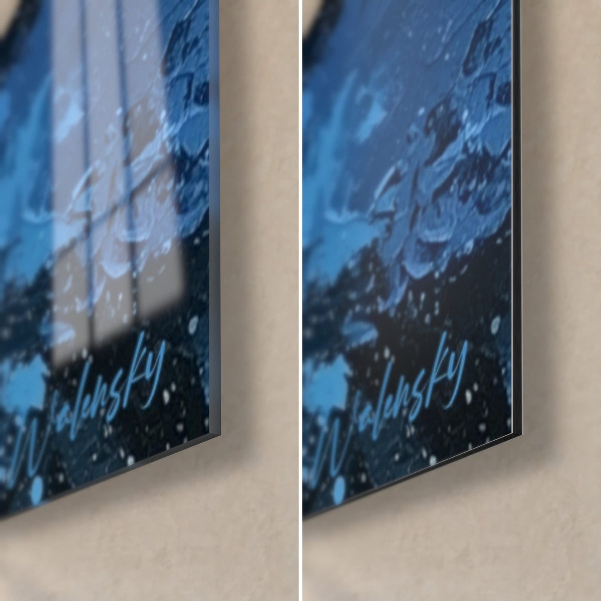 Gemälde mit rotem und marineblauem Wirbel, untere rechte Ecke: glänzendes Acrylglas links, mattes Dibond rechts, 3 mm Kante