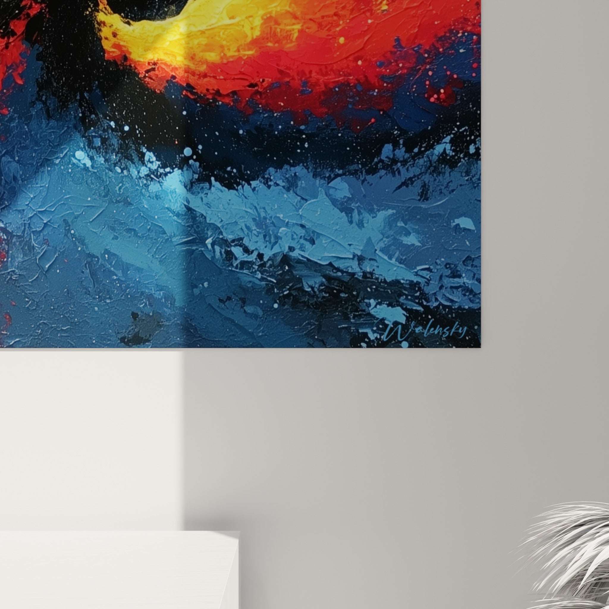 Empâtements de peinture orange et bleu marine, matière épaisse et coulures du style Peinture abstrait visibles de près